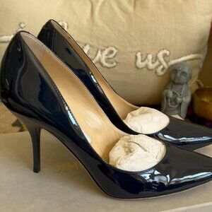 Jimmy Choo MEI Navy Patent Leather Almond Toe Pump Heels